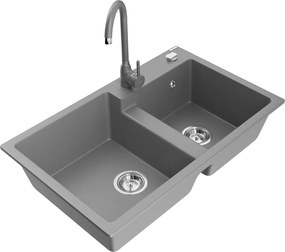 Mexen Tomas 2 rekeszes gránit mosogató Telma konyhai csapteleppel, szürke - 6516-71-670200-71