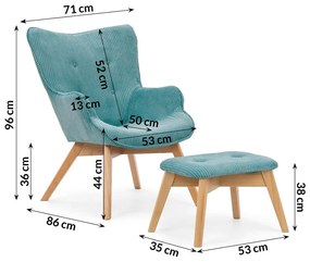 Türkiz kordbársony fotel lábtartóval Niko – Ropez