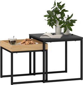 HOMCOM 2 részes Kávasztal Szett, Négyzet alakú Oldaltábla, Kávasztal Acélvázzal, Modern Formatervezés, Nappaliba, 30 kg Teherbírás, Fekete+Tölgy | Aos