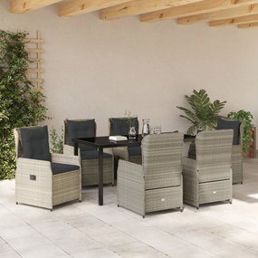 7 Darabos Kerti Étkező Szett Világosszürke Polirattan, Kerti Asztal Fekete 160x80x73 cm Edzett Üveg