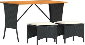 vidaXL 3 részes fekete polyrattan kerti étkezőgarnitúra párnákkal
