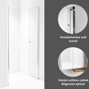 Stuxi Roma 80 cm széles kétszárnyú nyíló zuhanyajtó, 6 mm vízlepergető üveggel, króm profillal, 195 cm magas