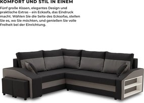 Grande sarokkanapé polcokkal és puffokkal , polc a jobb karfaban puffok a bal karfaban, baloldali, szövet anyag, bonell töltet, fekete - szürke