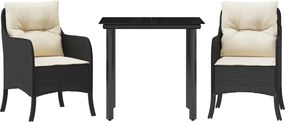 vidaXL 3 részes fekete polyrattan kerti étkezőgarnitúra párnákkal