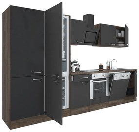 Yorki 330 konyhablokk yorki tölgy korpusz,selyemfényű antracit front alsó sütős elemmel polcos szekrénnyel és alulfagyasztós hűtős szekrénnyel
