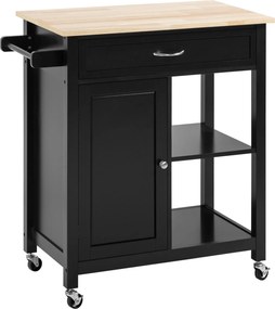 HOMCOM Fából készült Konyhai Kocsi Fiókkal, Szekrénnyel és Polcokkal, Kerekes Tálca 83x45x88cm, Fekete | Aosom
