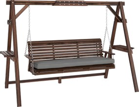 Outsunny 3 személyes fa hollywood-hinta párnázott ülőkével és oldaltálcákkal — karbonizált felület, 330 kg teherbírás | Aosom