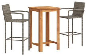 3 részes szürke tömör akácfa és polyrattan kerti bárszett