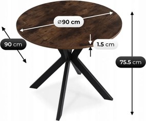 Kerek Étkezőasztal Rusztikus Tölgy/Fekete Színben. LAUREN 90 cm