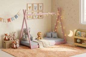 Tipi gyerekágy 70x140 fa házikó - rózsaszín