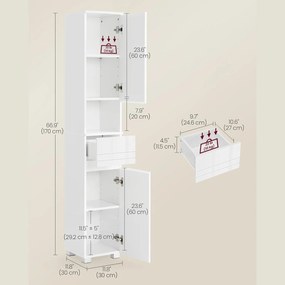 Keskeny fürdőszoba szekrény, fiókkal, állítható polcokkal, fehér, 30x30x170 cm