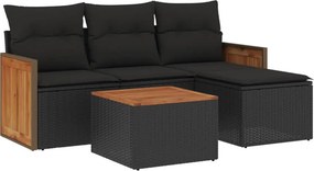 vidaXL 5 részes fekete polyrattan kerti kanapészett párnákkal