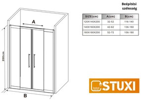 Stuxi Sydney Black 120 cm széles két tolóajtós zuhanyajtó 6 mm vastag vízlepergető biztonsági üveggel, fekete elemekkel, 200 cm magas