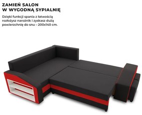 Grande sarokkanapé polcokkal és puffokkal , polc a bal karfaban puffok a jobb karfaban, baloldali, szövet anyag, hab töltet, fekete - piros