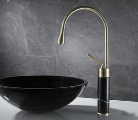Mosdócsaptelep EYN BF0954 pultra szerelhető kivitelben, forgatható kifolyóval, többféle színváltozatban — Szálcsiszolt arany – fehér márvány — 34 cm