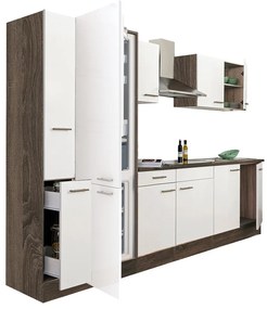 Yorki 300 konyhabútor yorki tölgy korpusz,selyemfényű fehér fronttal alulfagyasztós hűtős szekrénnyel