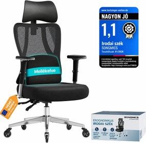 SONGMICS ergonomikus irodai szék állítható derék- és fejtámlával, max. 150 kg terhelhetőség, fekete