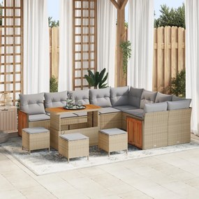 13 darabos kerti kanapé szett párnákkal bézs poly rattan akác, 4 darabos kerti étkező szett párnákkal bézs poly rattan akác