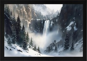 Poszter Keret Fa Tájkép Hegyek Csúcsok Sziklák Vízesés Tél 60x40