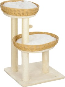 PawHut Macska Fa, Mászófa, 75,5 cm Magas, Két Rattan Macskaággyal, Kaparóoszlopokkal, Mosható párnákkal, Játék Labdával, Bézs | Aosom