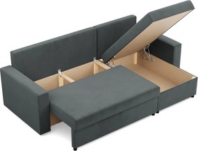 Zeus sarokkanapé, 1 ágyneműtartóval, egyenes kartámasz, bársony, univerzális oldal, hab töltet, szürke