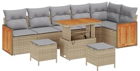 9 Darabos Kertgarnitúra Párnákkal Bézs Poli Rattan Akácia, 3 Darabos Kert Étkező Szett Párnákkal Bézs Poli Rattan Akácia