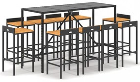 11 részes fekete polyrattan és tömör akácfa kerti bárszett