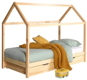 Natúr színű házikó alakú borovi fenyő gyerekágy kihúzható pótággyal, tárolóhellyel 90x200 cm DALLAS – Vipack