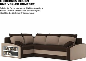 Grande sarokkanapé polcokkal , polc a bal karfaban, baloldali, szövet anyag, bonell töltet, barna