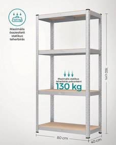 SONGMICS 2 db nagy teherbírású tárolóállvány, 4 állítható polccal, 80 x 40 x 160 cm, 520 kg/állvány, ezüst