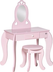 HOMCOM Gyermek Fa Sminkasztal 3-6 éves lányoknak, Puffal és Hercegnős Tükörrel - 60x36x88 cm Rózsaszín | Aosom