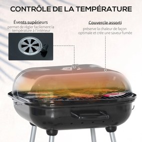 Outsunny Széngrilles BBQ Grill 2 kerekével, eszközökkel, fedéllel és polccal - 56L x 62W x 82H cm - fekete zománcozott fém | Aosom