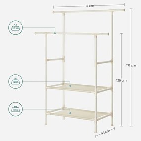 Ruhaállvány 2 tárolópolccal, szobainas 114 x 171 x 45 cm, fehér