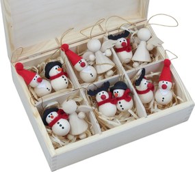 Fa Karácsonyfadísz Készlet, 12 darab ünnepi függődísz dobozban