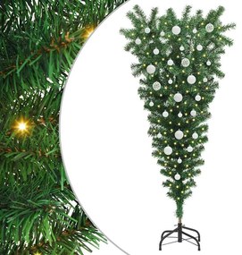 Fejjel lefelé álló műfenyő előre világítva, golyókkal szett