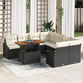 9 Darabos Kerti Kanapészett Párnákkal Fekete Poly Rattan