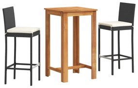 3 részes fekete tömör akácfa és polyrattan kerti bárszett