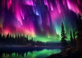 Poszter 59,4x42cm Északi fény az erdő felett