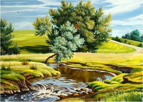 Kép - folyó a rétek között,, olajfestmény (70x50 cm)