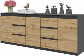 Komód Antracit Wotan Tölgy 200 CM 6 Fiók 3 Ajtó 3 Polc Nappali Szett