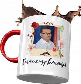 Piros bögre Mateusz Morawiecki Premier Ajándék Nyomtatott Fotóval