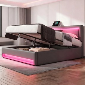 Kárpitozott ágy Dupla ágy Hidraulikus Led Usb 160x200cm szürke