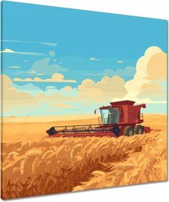 Vászonkép 70x70 Piros kombájn az aratás mezőjén