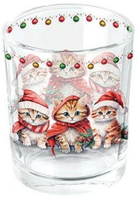 Karácsonyi üveg mécsestartó 5,5x6 cmi Három mikulássapkás cicával