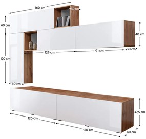 Nappali fal, fehér extra magas fényel HG/tölgyfa wotan, MIRALDA