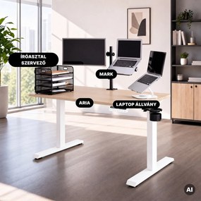 Elektromos, állítható magasságú, ergonomikus, fehér/sonoma tölgy íróasztal,1200x600 mm: ARIA