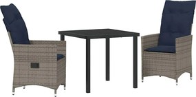 vidaXL Asztal és szék szett párnával 3 pcs Szürke PE Rattan