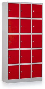 Fém szekrény - 15 doboz, 90 x 40 x 185 cm, csavaros zár, piros - ral 3000