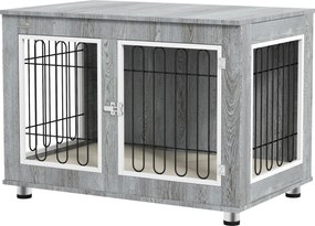 PawHut Kutyaház Bútor 2 Ajtóval párnával és 2 Zárral, Fém Kutyadoboz Otthonra, Nagy Kutyák számára 25 kg-ig - Oldaltábla 90 x 58 x 65 cm, Szürke | Aos