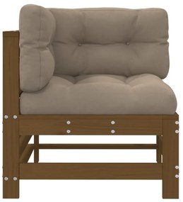 2 db mézbarna tömör fenyőfa sarokkanapé párnákkal